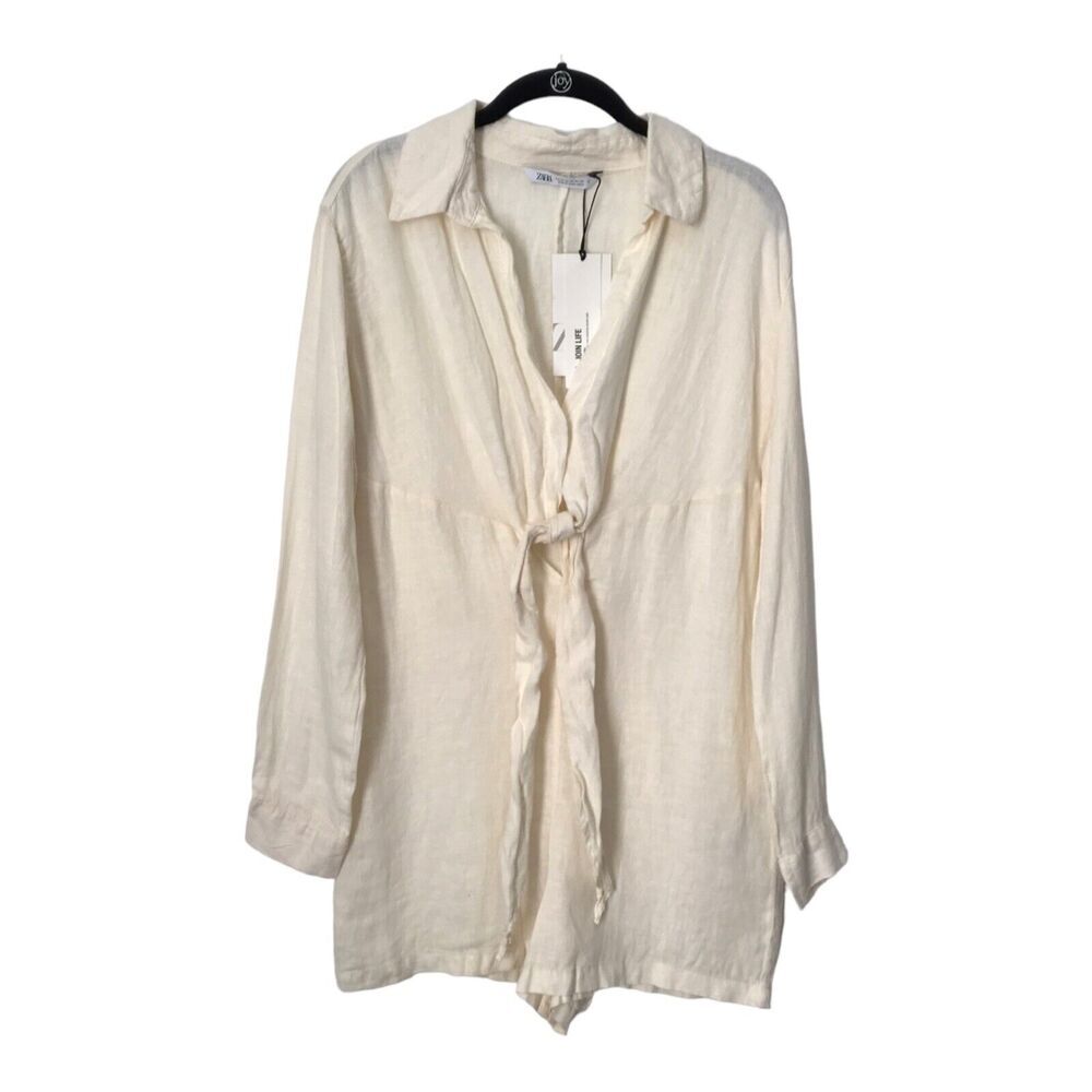 Zara Romper Size XS Tied 100% Linen Oyster White Long Sleeve V-Neck‎ Jumpsuit